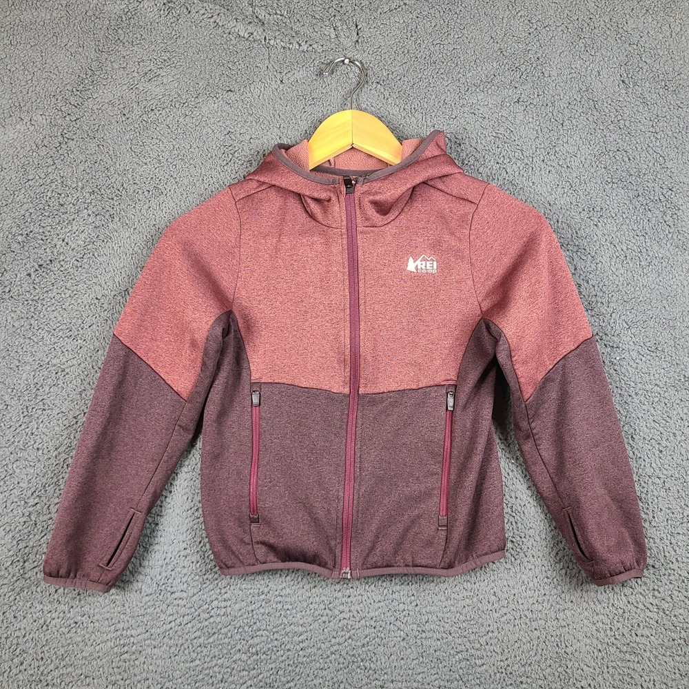 REI Co-op Kids Small 8 Fleece Hoodie Jacket Full Zip Burgundy Maroon Thumbholes